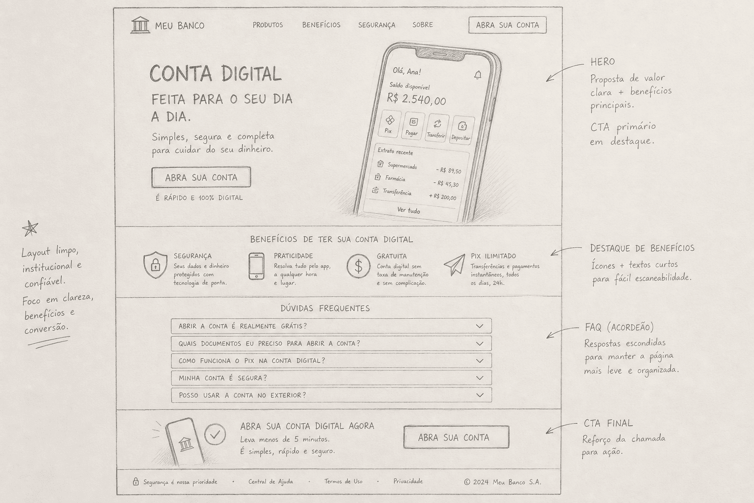 Wireframe à mão da landing BB Cash