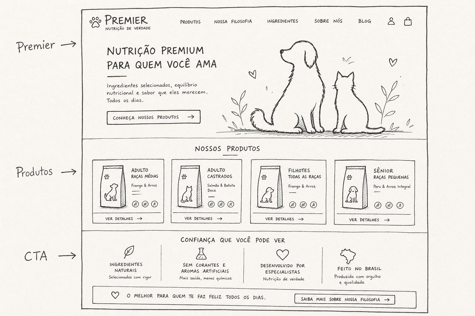 Wireframe à mão da home Premier Pet